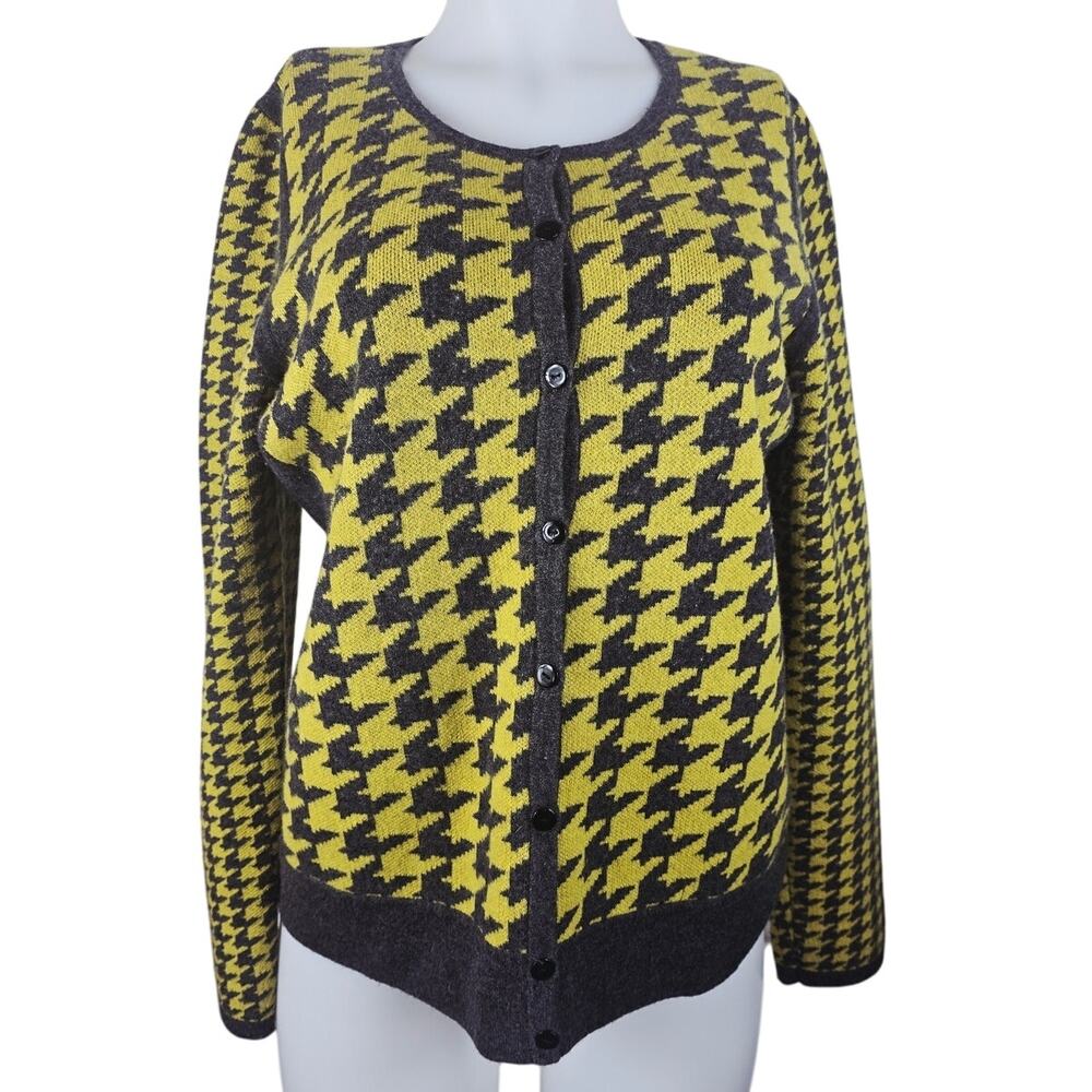 Nordstrom 100% Cashmere Yellow Gray Design Winter Button Down Sweater Women's L